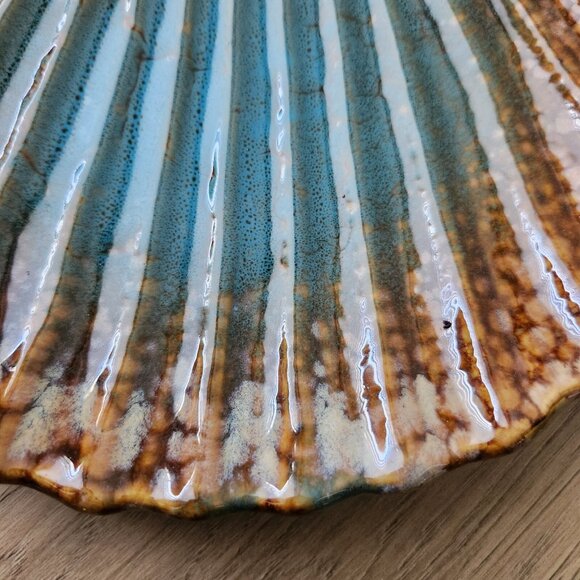 Pumpkin Plate Luncheon Salad Serving Tray Candy Dish Ribbed Pottery Seashell 9" - Picture 3 of 9